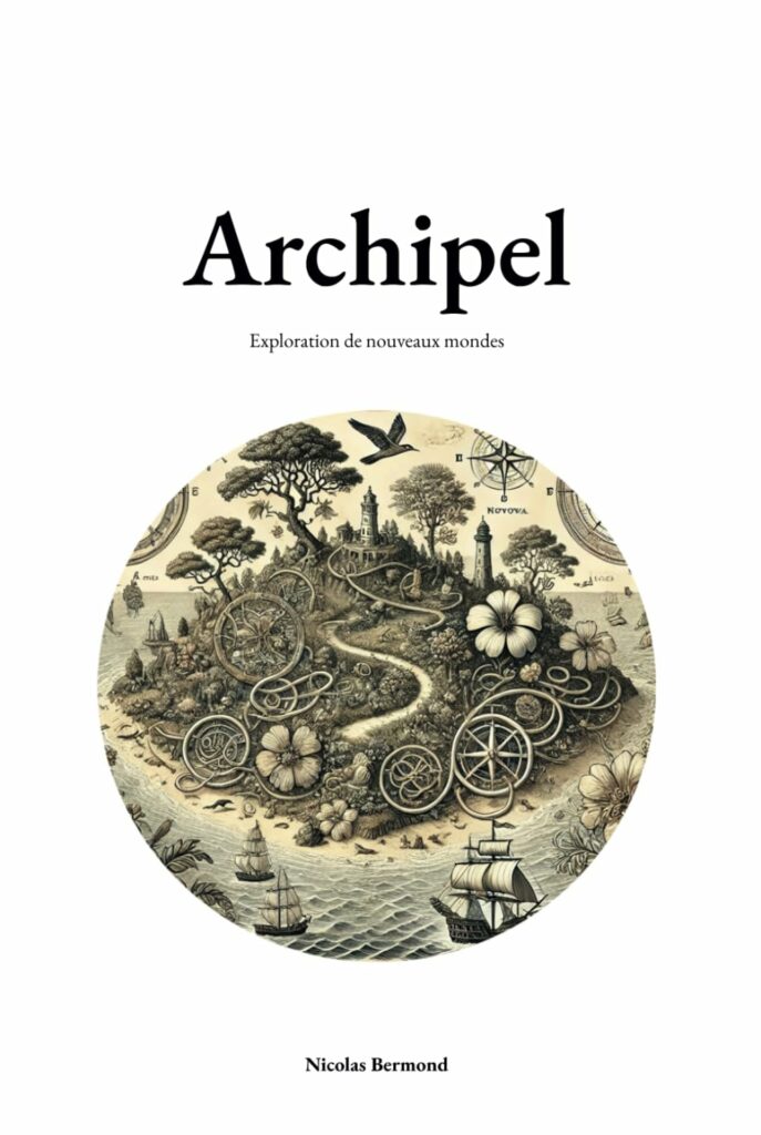 Archipel exploration de nouveaux mondes - Livre de Nicolas Bermond : illustration d’une île illustrées représentant la création d’îles décentralisées, la gouvernance distribuée et la quête de nouveaux territoires à l'ère du Web3.